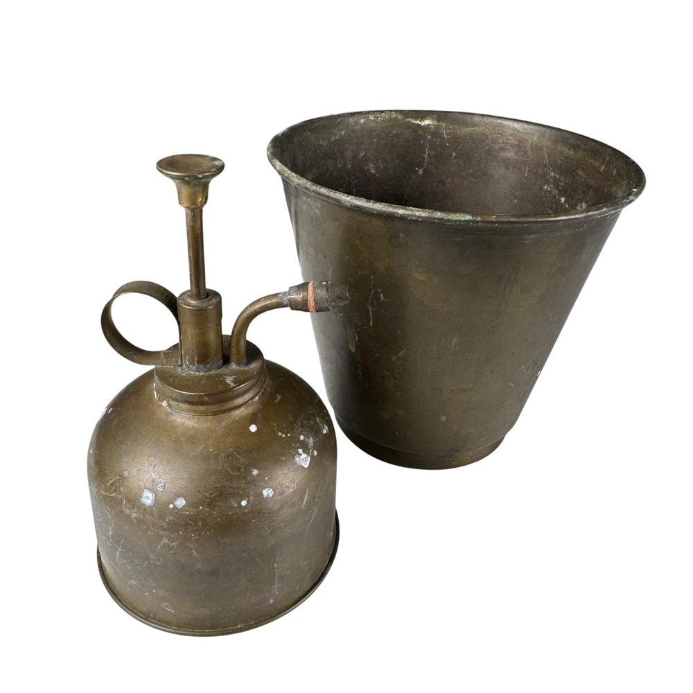 Vintage Brass Plant Mister and Planter Pot Set Aged Patina Antique Garden Decor